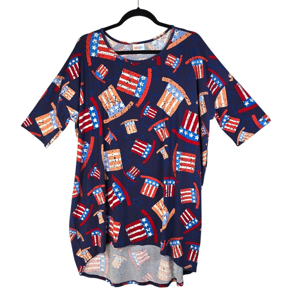 LuLaRoe Irma Tunic XL Womens Navy Blue Patriotic Uncle Sam Hat Stars Americana